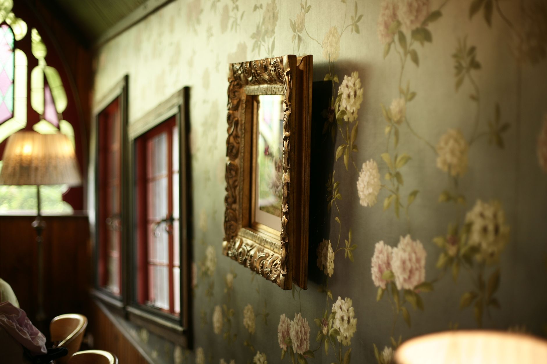 Interior room with beautiful wallpaper on walls